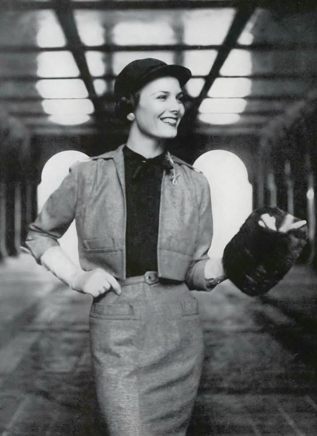 #3 Lillian Marcuson in dress and jacket to give a suit-and-blouse effect, dress-skirt and jacket in rust tweed, felt jockey cap by Madcaps, Vogue, August 1, 1950