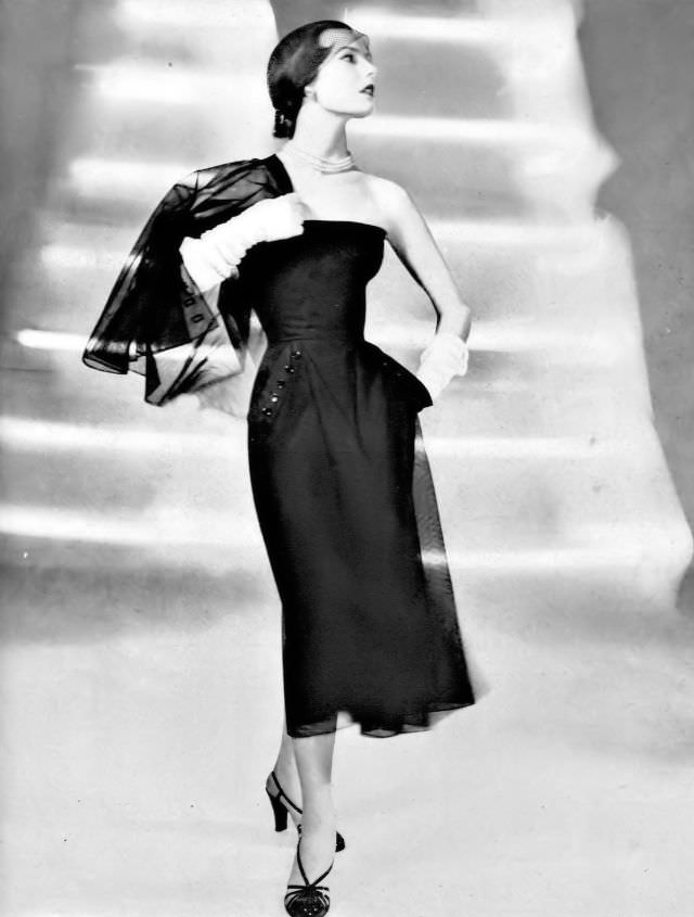 #7 Lillian Marcuson in strapless tulle cocktail dress with matching jacket by Ben Reig, Vogue, May 15, 1950