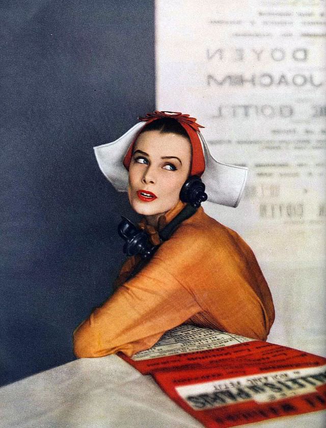 #9 Lillian Marcuson wearing a winged cap of white paper straw with band of rust grosgrain after Dior by Vernier, Harper’s Bazaar, April 1950