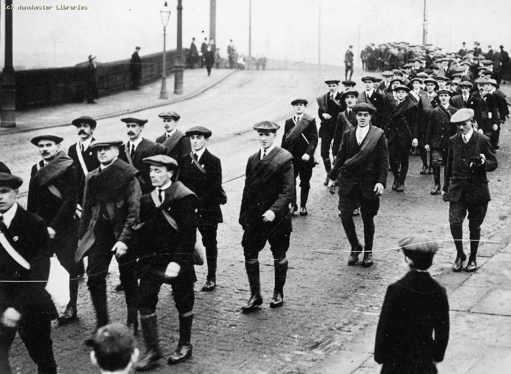 #19 Prospective recruits on practice route march, Longford Bridge, Chester Road, Stretford