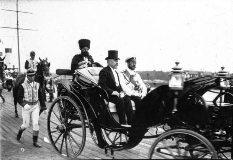 #16 French President Poincaré with his host, Tsar Nicolas II, 1914.