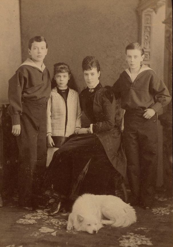 #23 Empress Maria Fyodorovna with children, Nicholas Alexandrovich, George Alexandrovich and Xenia Alexandrovna, 1883.