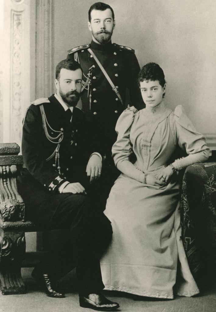 #43 Grand Duchess Xenia Alexandrovna of Russia with her husband Grand Duke Alexander Mikhailovich and her brother Tsar Nicholas II, 1897.