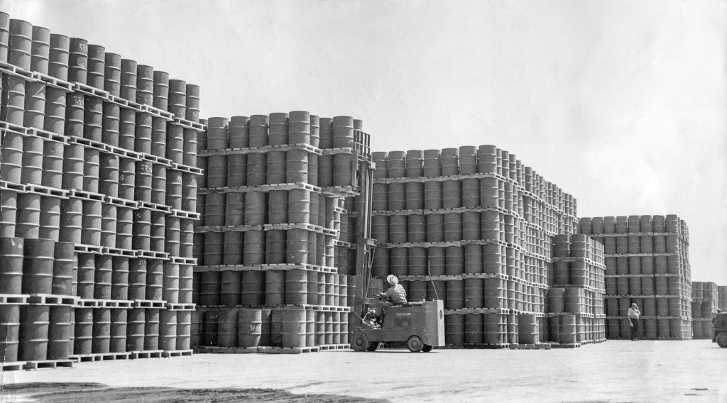 #44 Stacks of oil barrels palletized at the Naval Supply Depot in Oakland, 1943.