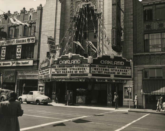 #5 Fox Oakland Theater on Telegraph Avenue in Oakland, California showing banners, 1940s