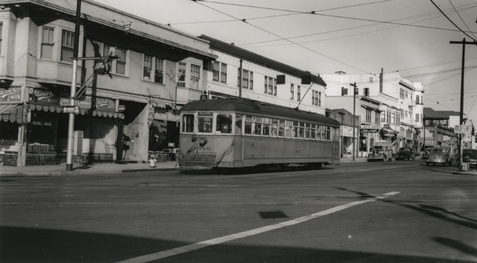 #31 Key System streetcar #359 heading south into the Rockridge district along College, 1940s