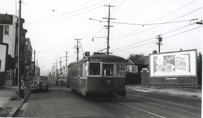 #66 Key Streetcar #993 heading south College Avenue between Hudson Street and Lawton, 1940s