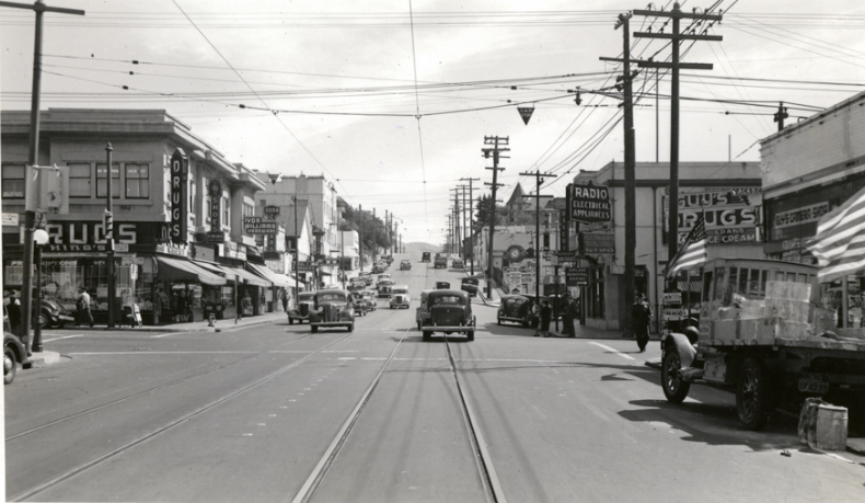 #39 Hopkins Street/US Route 50 (later MacArthur Boulevard) looking east towards intersection, 1940s