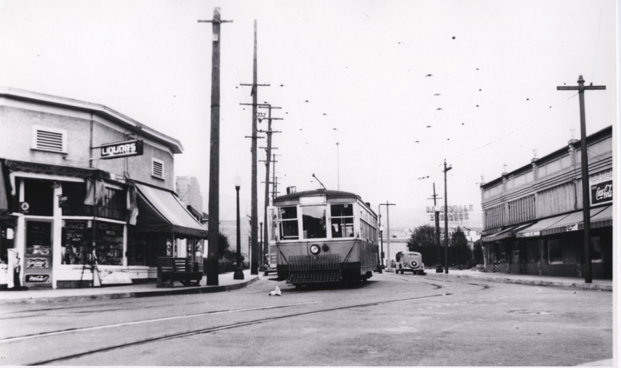 #4 Electric streetcar heading south on 38th Avenue at Allendale Avenue, 1940s