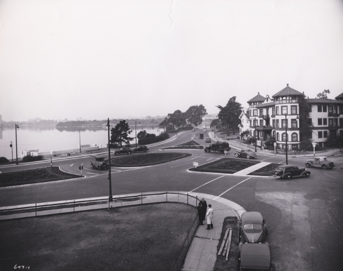 #33 Newly completed channelization islands ease the flow of traffic at East 18th, 1940s