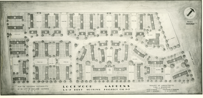 #69 Architectural drawing showing the planned layout of the Lockwood Gardens public housing, 1940s