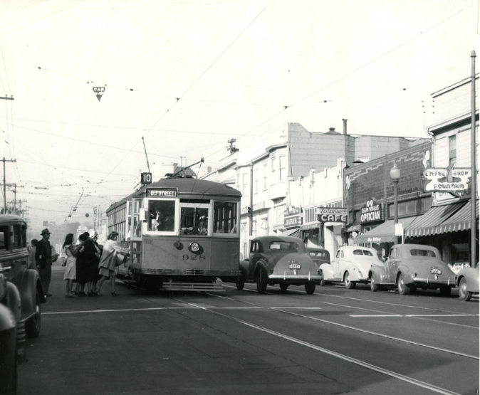 #71 Passengers boarding the Key System number 10 streetcar on Piedmont Avenue, 1940s