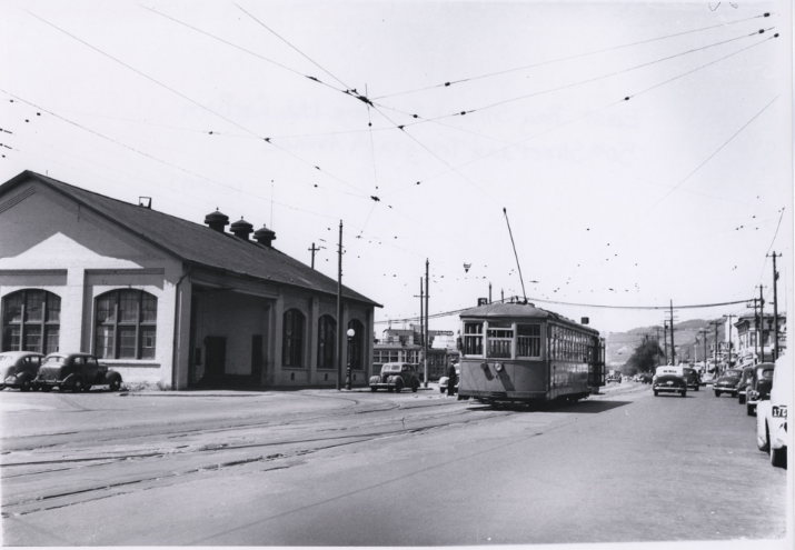 #72 A street car rolls past the East Bay Street Railways Ltd. car, 1940s