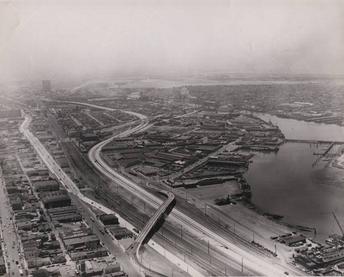 #42 Aerial view, looking south from around 16th Avenue, of the Nimitz Freeway, 1940s