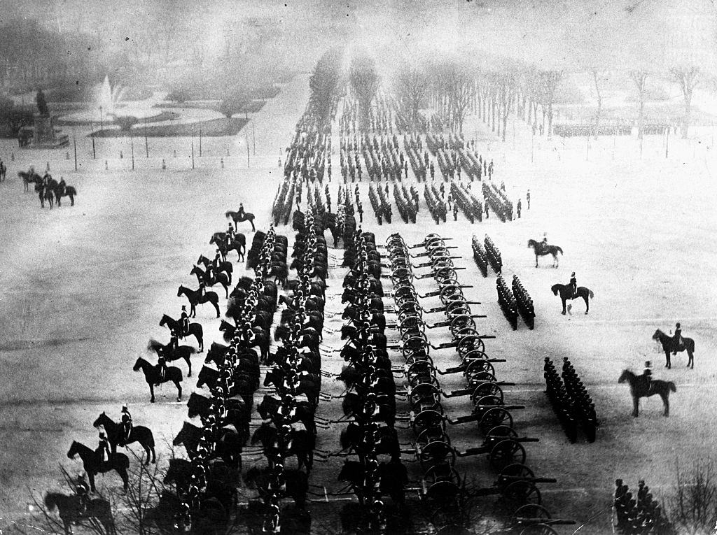 #1 Prussian troops parade on the Champs Elysees in Paris after their takeover of the city during the Franco-Prussian War, France, January 1871.