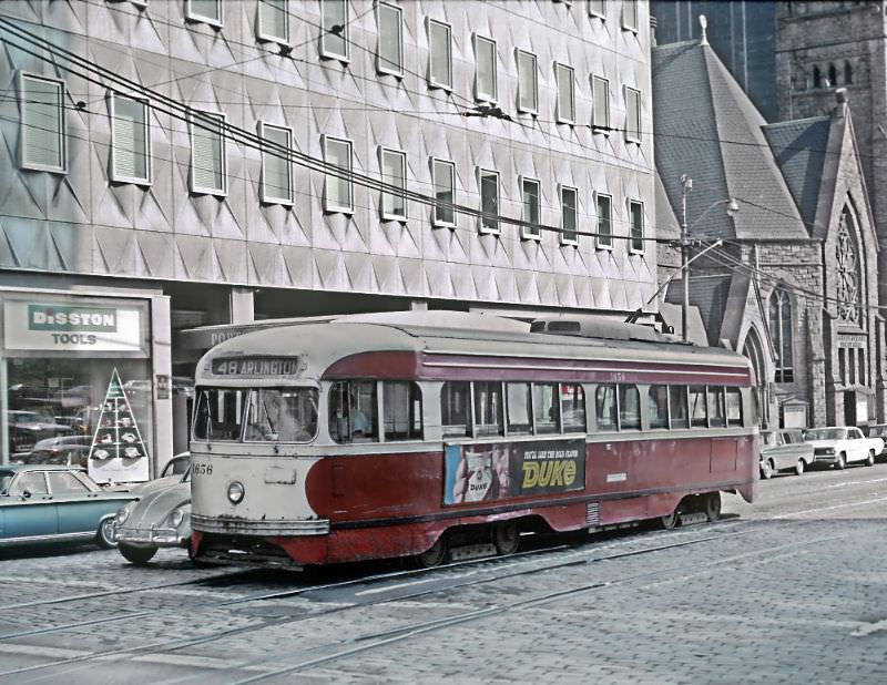 #24 A #49 Beltzhoover car on Grant St. at 6th Ave. in downtown Pittsburgh, PA on June 27, 1965