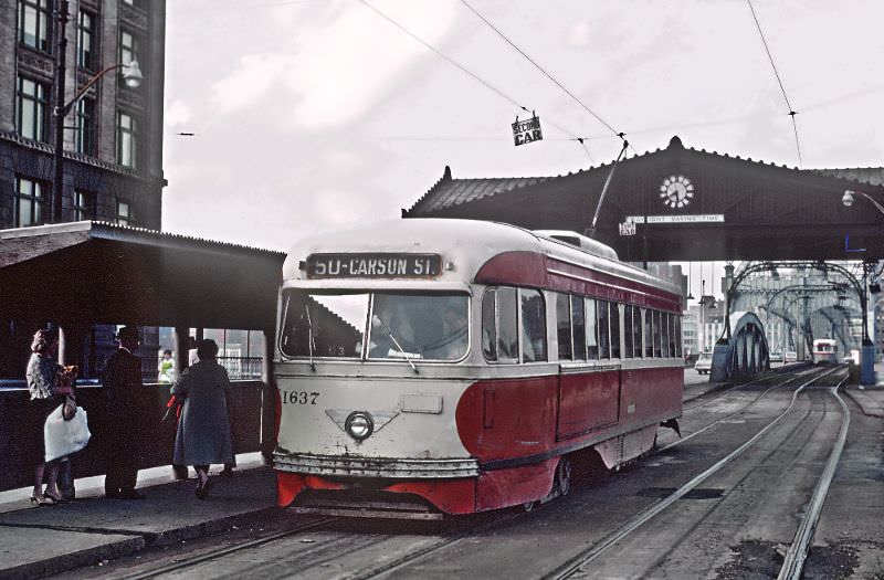 A Carson St. car on Grant St. at 6th Ave. in Downtown Pittsburgh, PA on June 27, 1965