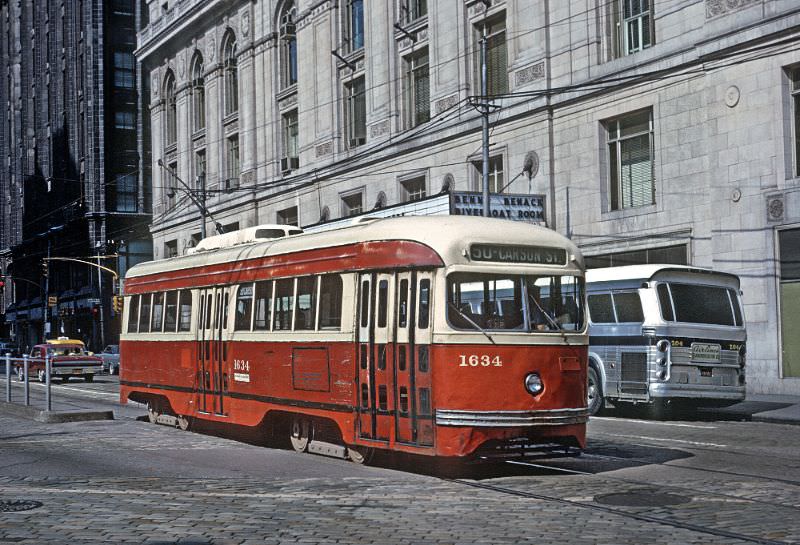 #25 A #50 Carson St. car on Grant St. between 3rd and 4th Avenues in downtown Pittsburgh, PA on June 27, 1965