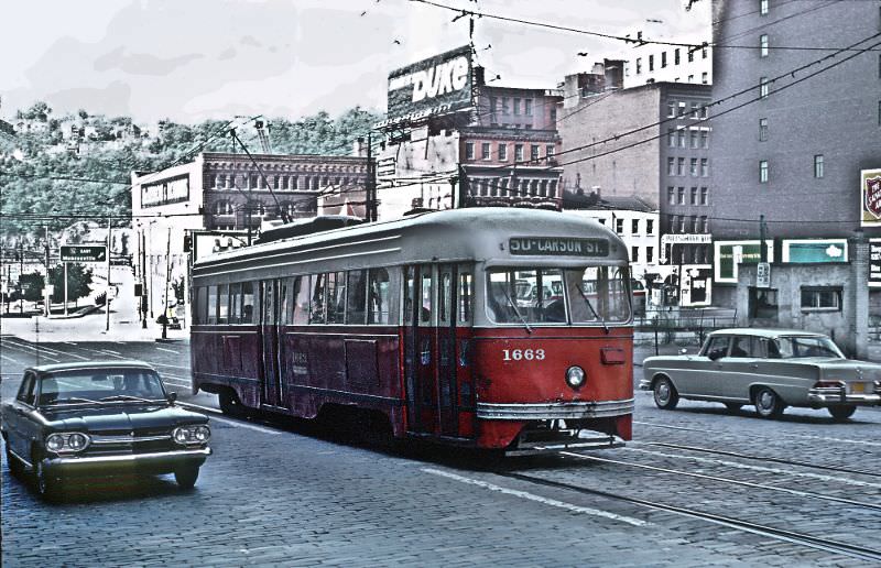 A Carrick car on Brownsville Rd. about to enter the Brentwood loop, Pittsburgh, PA on September 1, 1965