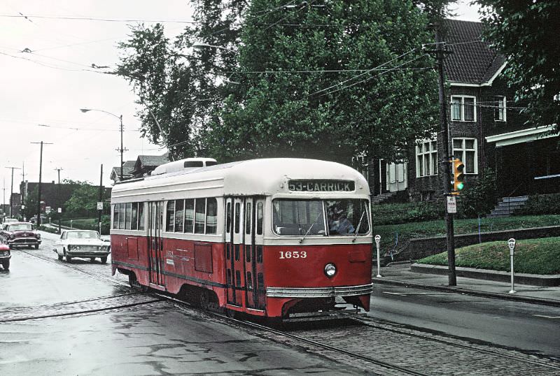 A East Pittsburgh-Willkinsburg car on Forbs Ave. at Frick Park in Pittsburgh, PA on June 26, 1965