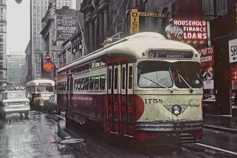 A Swissdale-Rankin-Braddock car on Wood St. near 4th Ave. in downtown Pittsburgh, PA. on June 26, 1965