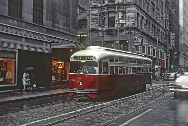A Highland car on 6th Ave. beyond Smithfield St. in downtown Pittsburgh, PA on September 1, 1965