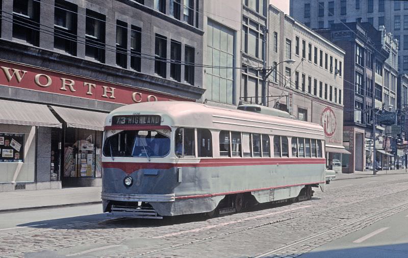 A Highland car on Liberty Ave past Barker Pl. in downtown Pittsburgh, PA on June 27, 1965