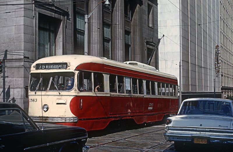 A Wilkensburg via East Liberty car on 4th Ave. crossing Hrant St. in downtown Pittsburgh, PA on June 27, 1965