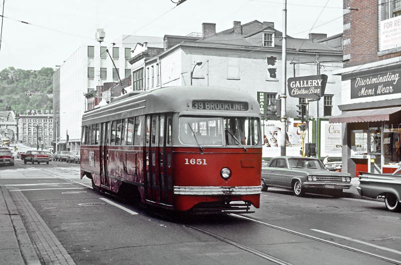 A Brookline car on Smithfield St. between 1st Ave. and Blvd. of the Allies in downtown Pittsburgh, PA on June 27, 1965