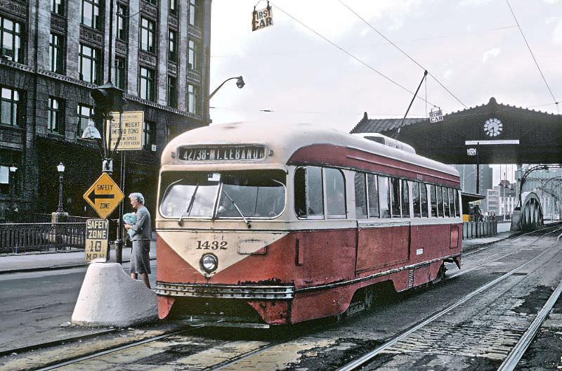 A /38 Mt. Lebannon car at P&;LE transfer near Smithfield St. bridge, Pittsburgh, PA on September 1, 1965