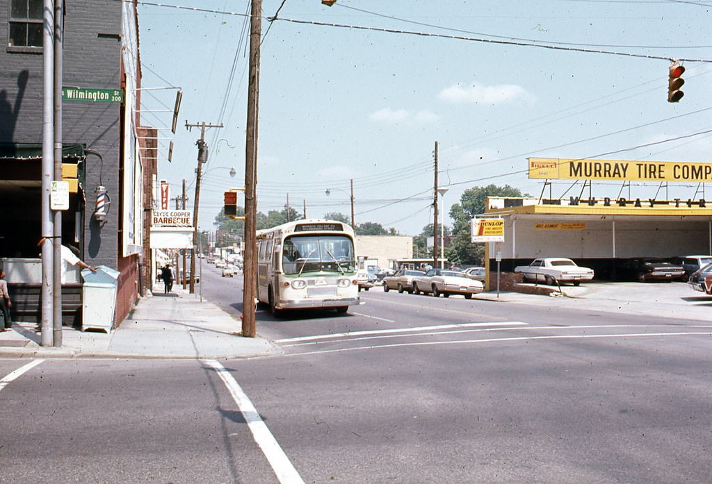 #24 Davie Street looking east at its intersection with Wilmington Street, Raleigh, 1970s