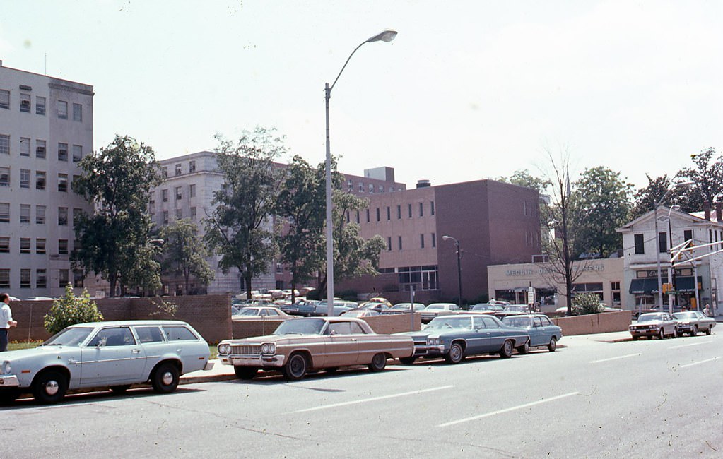 #42 Jones Street, Raleigh near intersection with Salisbury Street. Education building is seen center of frame, 1970s