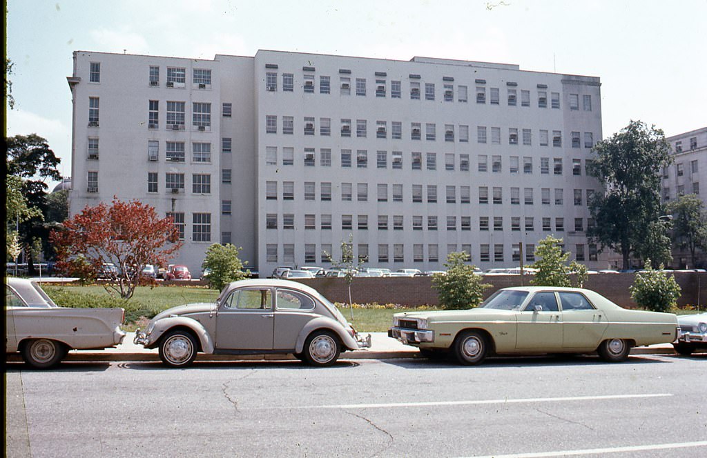 #43 Jones Street, Raleigh, looking south toward Agriculture Building, Education Building is also seen on far righ, 1970s