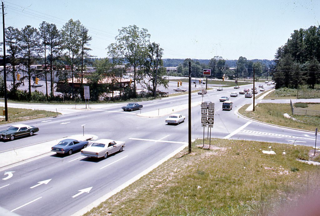 #8 View from Raleigh Beltline overpass looking south down Wake Forest Road toward Holly Park Shopping Center, 1970s