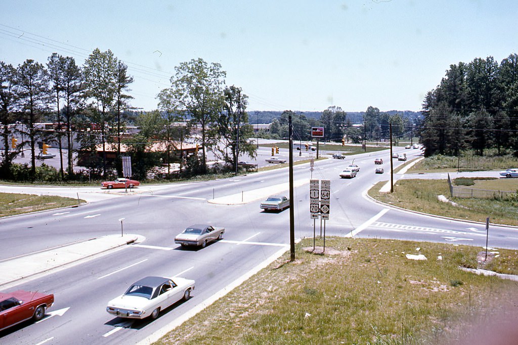 #73 View from Raleigh Beltline overpass looking south down Wake Forest Road toward Holly Park Shopping Center, 1970s