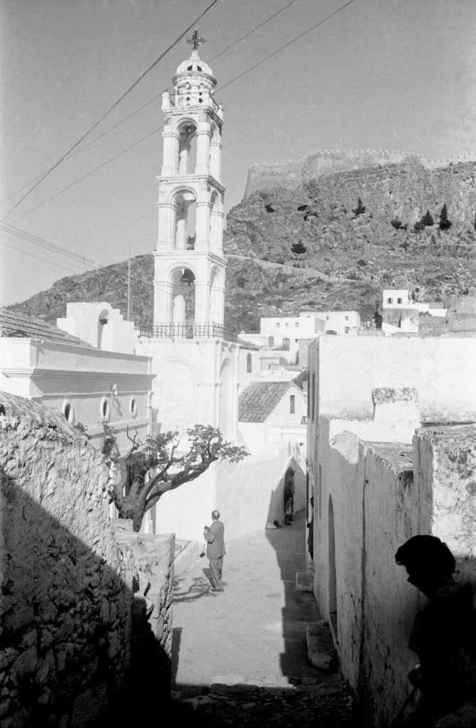 #28 The steeple of the Panagia Church on Rhodes, Greece, 1950s.