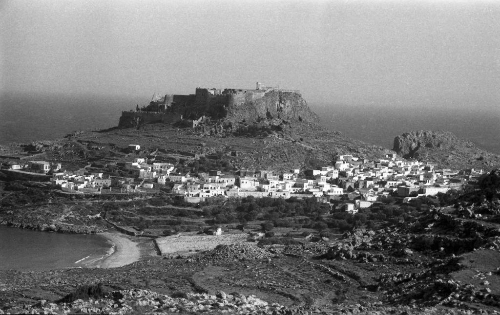 #57 View of the small town of Lindos with its Acropolis on Rhodes, Greece, 1950s.