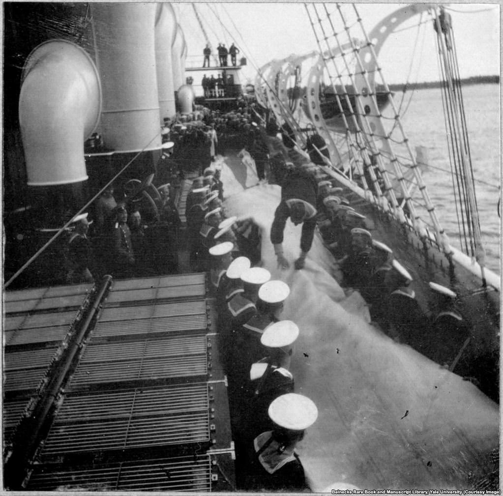 #6 Aboard the Standart, sailors take turns bouncing their shipmates down the deck on mats.