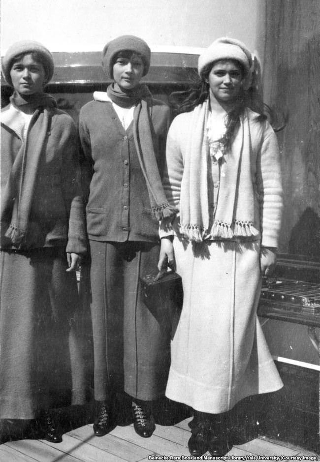 #8 Grand Duchesses Olga, Tatyana, and Maria aboard the Standart in 1914.