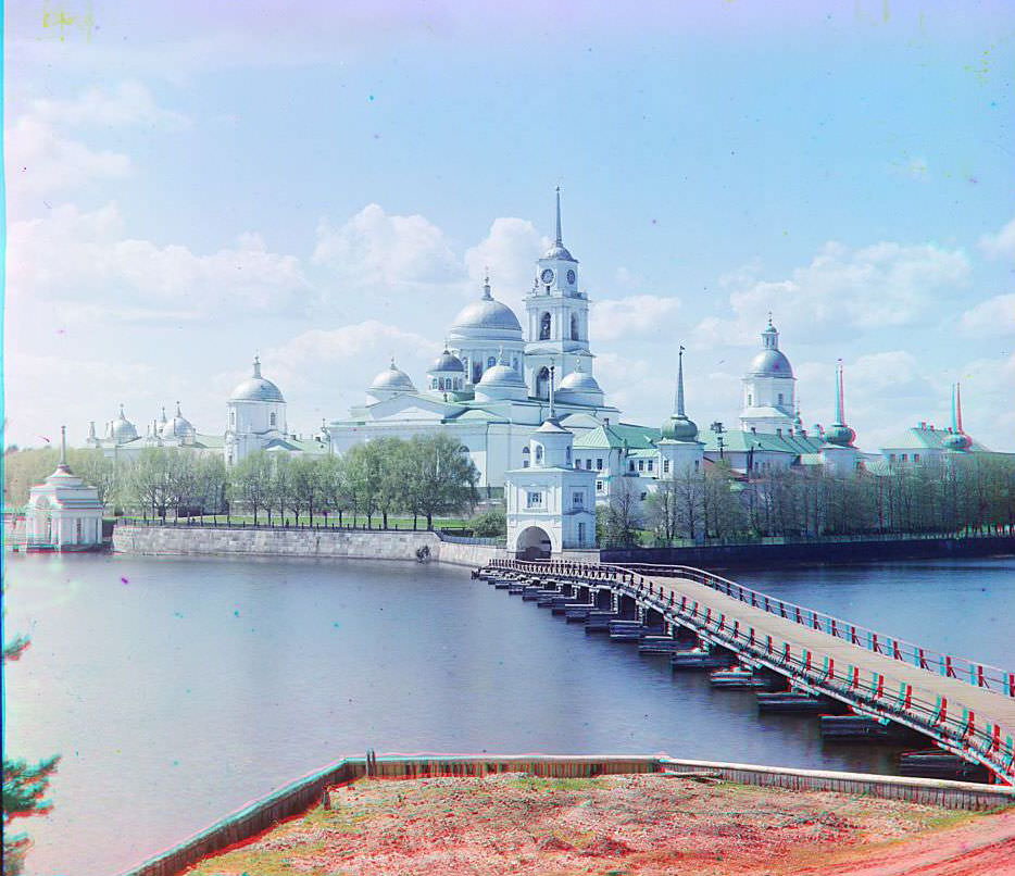 #97 View of the monastery from Svetlitsa [Island, Saint Nil Stolbenskii Monastery, Lake Seliger], 1910