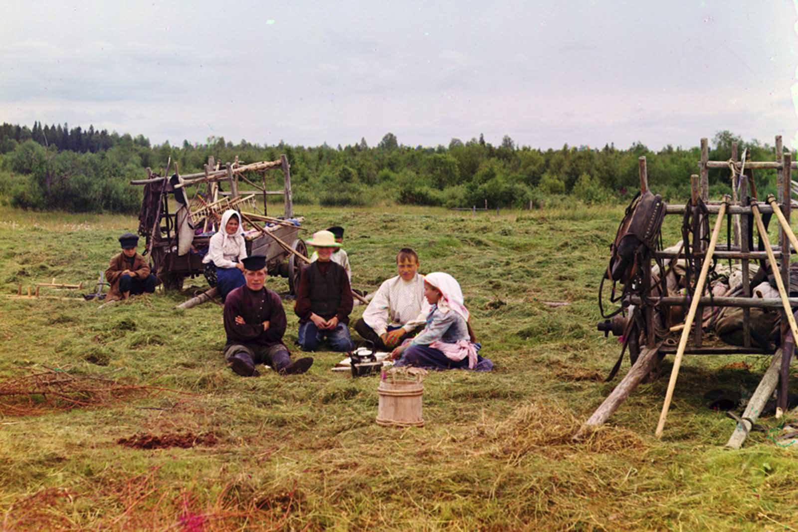 #114 Peasants harvesting hay in 1909. From the album “Views along the Mariinskii Canal and river system, Russian Empire”.