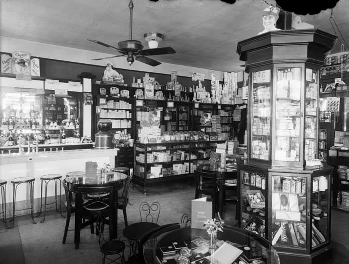 #30 Sixth Avenue Drug Store Interior, 1920.
