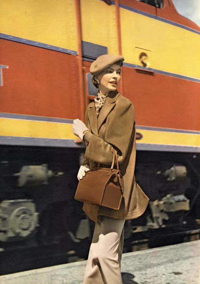 #36 Katherine Cassidy in uncomplicated travel coat of Worumbo Polo Cloth, felt hat and cowhide bag, Vogue, May 15, 1949