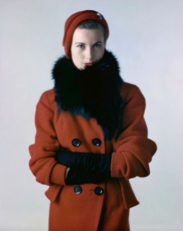 #38 Mary Jane Russell in Juilliard wool tweed coat with black fox collar, 1949