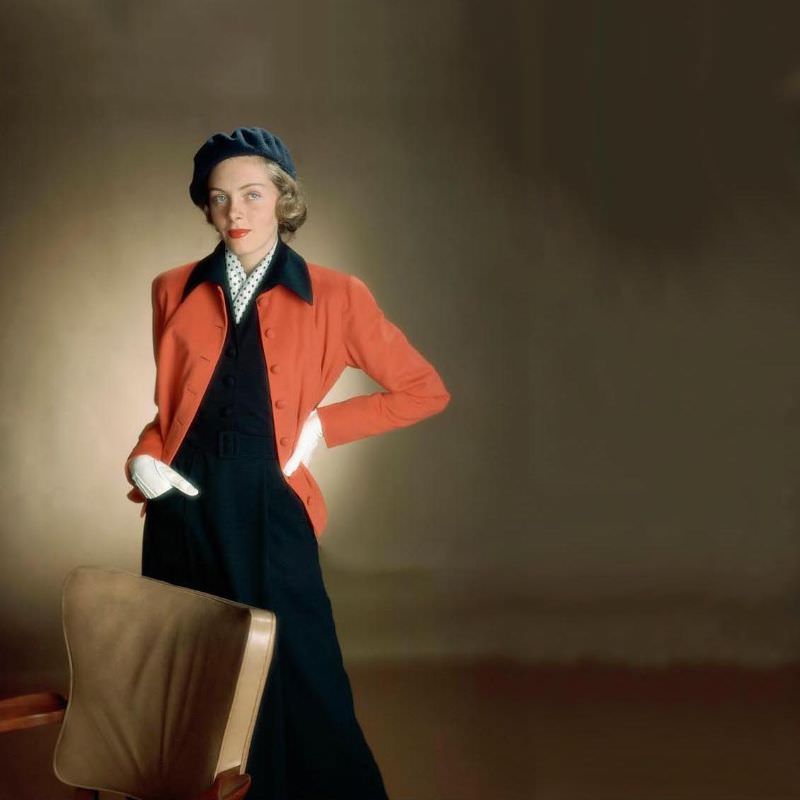 #40 Model wearing deep-throated two-piece dress in navy with straight little cardigan jacket in red, Glamour, 1949
