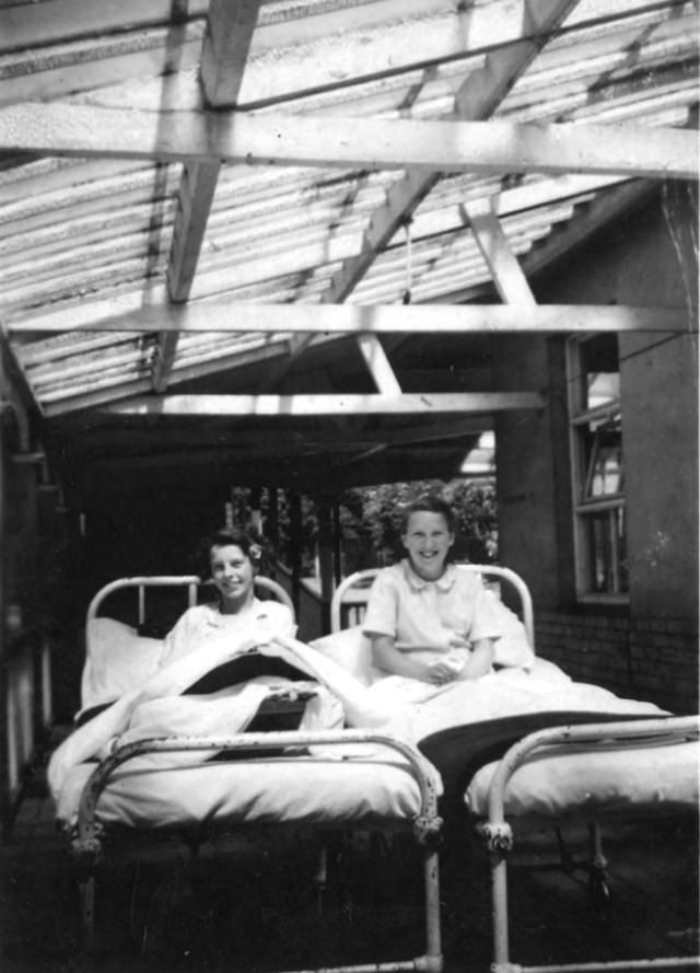 #10 Two young female patients on the verandah at Stannington Sanatorium, 1946.