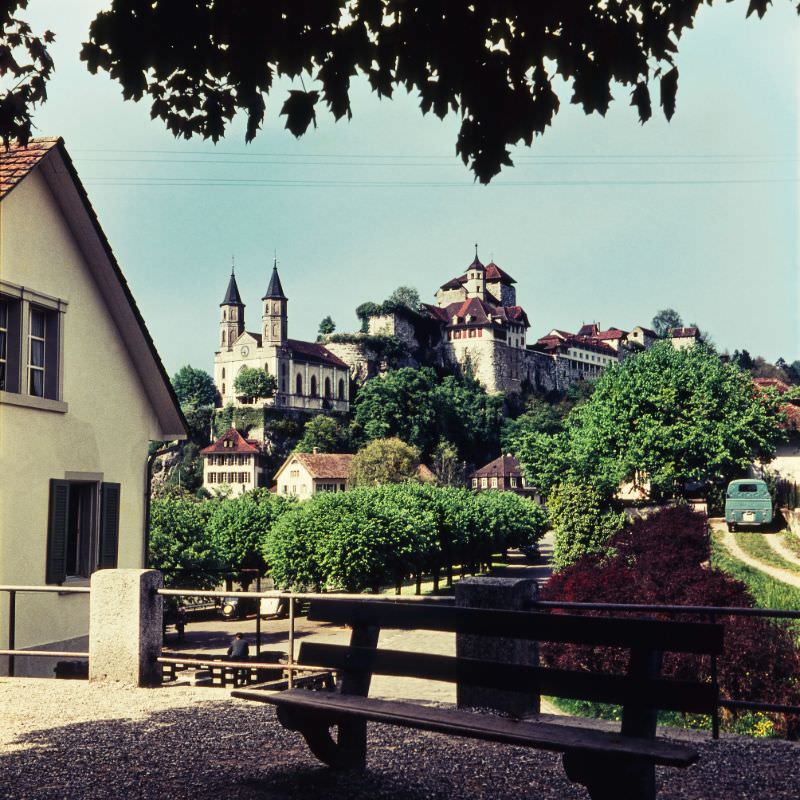 #13 Aarburg Reformed Church and Fortress Aarburg viewed from the corner of Färbeweg and Landhausstrasse, Aarburg, 1950s