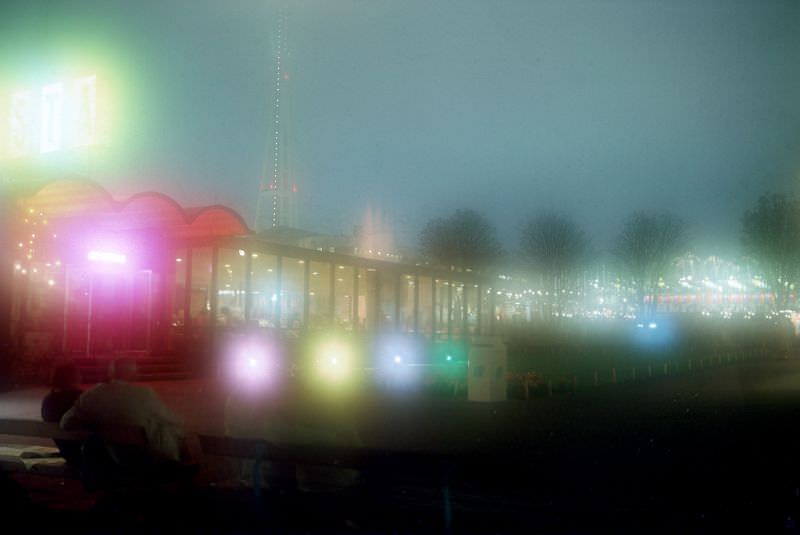 Fiesta Restaurant on a foggy night at the 1962 Seattle World’s Fair