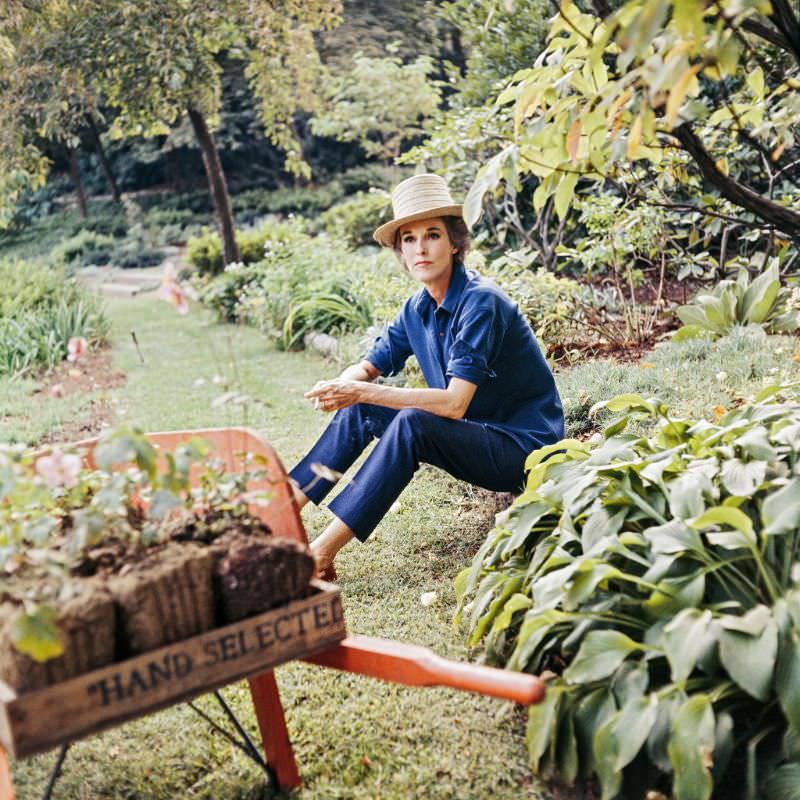 #34 Babe Paley in shirt and pants from Givenchy Boutique at her villa in the outskirts of Paris, August 1965