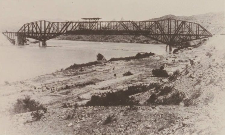 #75 Topock Bridge in the building. Frank Hutt engineer of the work train, 1889